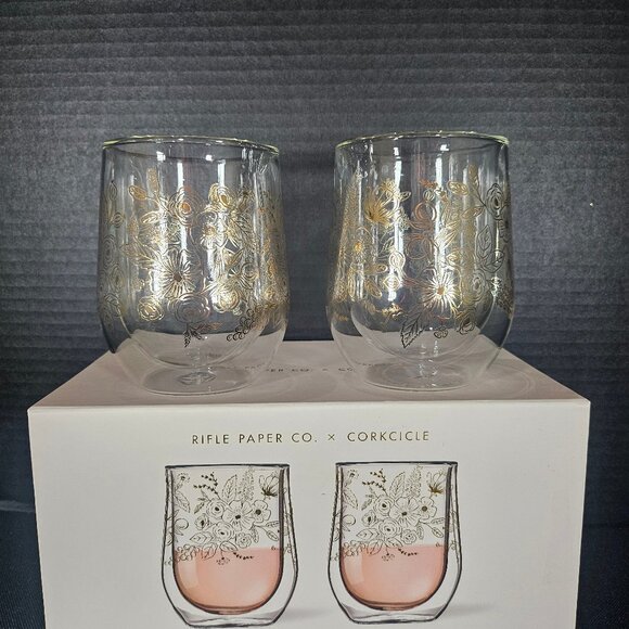 Corkcicle Stemless Wine Glass Set by Rifle Paper Co Set of 2 Elegant Gold Floral - Picture 8 of 13